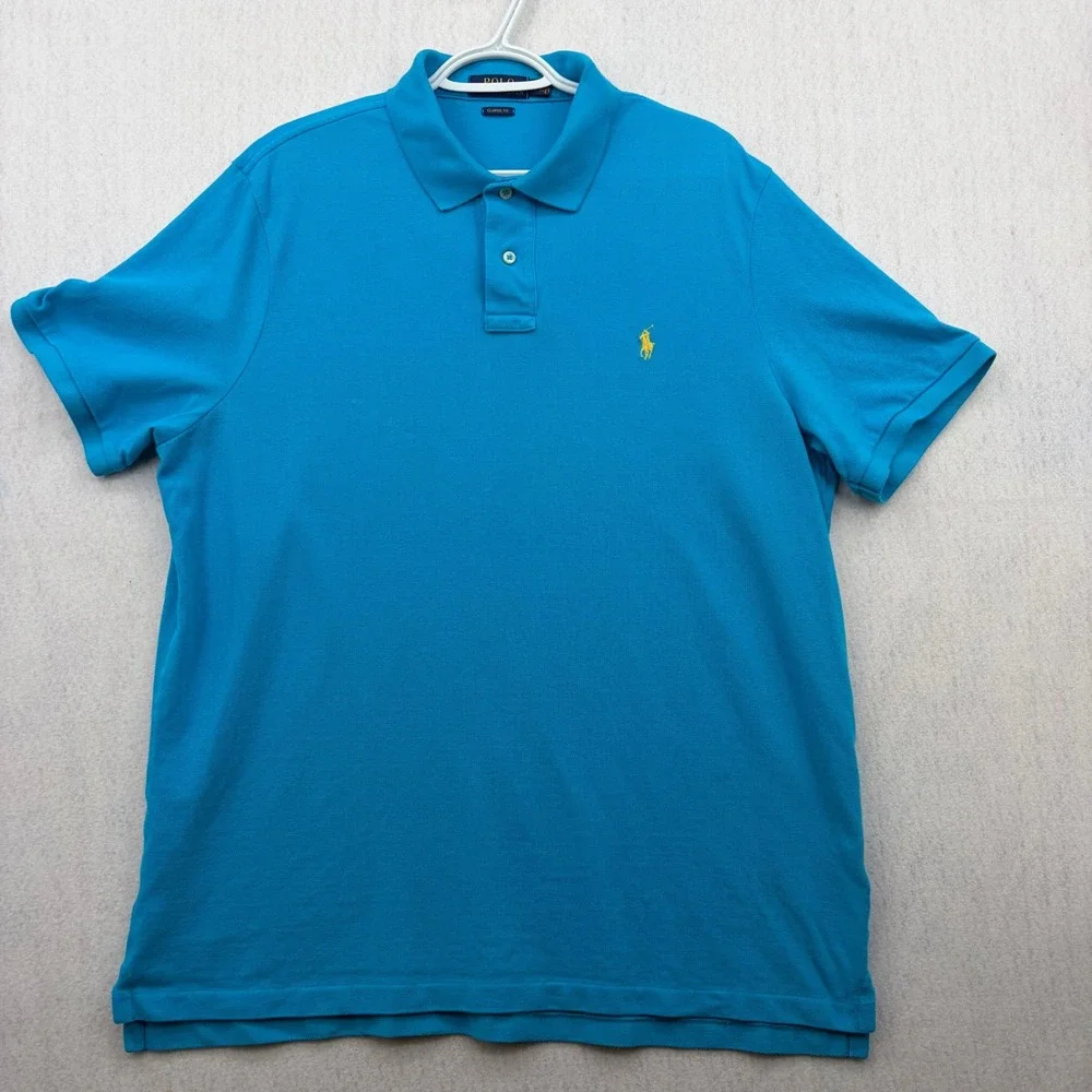 Polo Ralph Lauren Mens XL Classic Fit Blue Short Sleeve Polo Shirt Yellow Logo